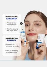 Woman holding moisturizing sunscreen and sunstick with product details on a white background