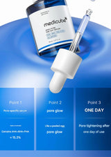 Medicube serum bottle with dropper on a blue background