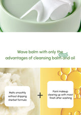 Cleansing balm with text highlighting its benefits on a white background