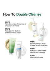 Cosmetic products with step-by-step guide on how to double cleanse.