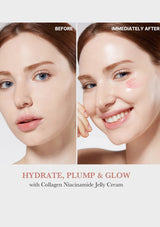 Before and after comparison of a woman's face with skincare product application, featuring text 'Hydrate, Plump & Glow'.