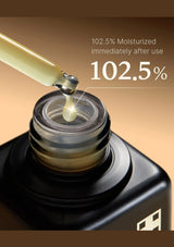 Close-up of a skincare product with a dropper and text indicating moisturization percentage.