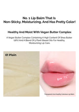 Lip balm with a plain color swatch and a pink lip color on lips.