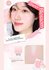 Sheer Blossom makeup product packaging with a close-up of a woman's face.