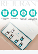 Rejuvenation skincare product set with certification icons on a beige background