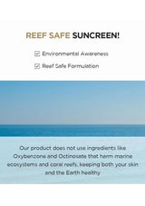 Advertisement for reef-safe sunscreen with a blue ocean background