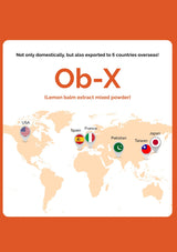 World map with country flags and text about Ob-X lemon balm extract powder export.