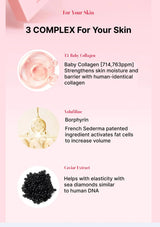 Product description card for a skincare complex with baby collagen, boraphyrin, and caviar extract on a pink background.