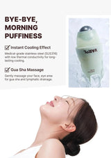 Product advertisement for a face roller with text on cooling effect and massage benefits.