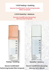 Two skincare ampoules with 'RECORE' branding on a textured background