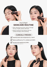 Woman using a skincare device with text on a white background