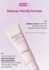 Yunjac skin perfecting glow prep base tube on a light purple background with text about makeup-friendly formula.