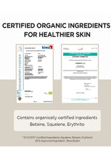 Certified organic ingredients for healthier skin with two certification documents on a beige background.