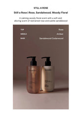 Two bottles of a product with a brown background and text about the fragrance 'Still a Rose'.