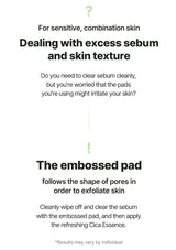 Text description of a skincare product for sensitive, combination skin with embossed pad and Cica Essence.