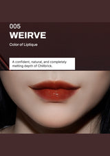 Lipstick swatch on a model with text describing the color 'WEIRVE' and its description.