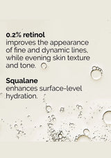 Text about retinol and squalane with bubbles on a beige background