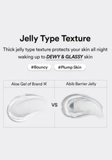 A comparison graphic showing two clear jelly-like swatches labeled 'Aloe Gel of Brand A' and 'Abib Barrier Jelly' with the text 'Jelly Type Texture' above and a 'VS' between them.