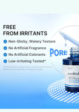 Bottle of skincare product with text highlighting features on a blue and white background