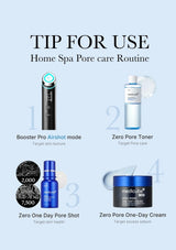 Home spa pore care routine with skincare products and text on a light blue background