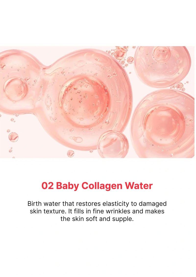 Baby collagen water with bubbles on a white background
