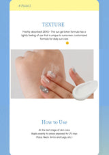 Sun gel lotion application on skin with text about texture and usage.