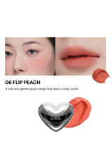 Lipstick with a heart-shaped design and 'Chanel' branding, shown on a model with close-up of color swatch.