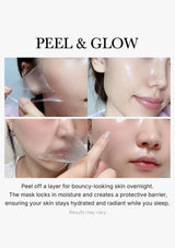 Step-by-step process of applying a peel-off mask with text describing its benefits.
