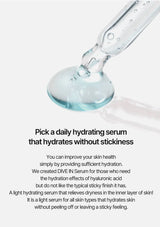Glass dropper with blue liquid and text about a daily hydrating serum on a white background