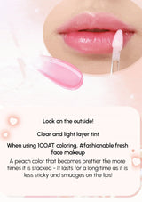 Lipstick application with text describing product features on a light pink background