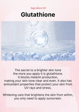 Text about glutathione with a close-up of skin texture on a pink background