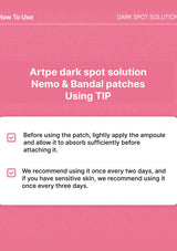 Instructions for using Artpe dark spot solution Nemo & Bandal patches on a pink background