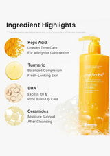 MediCube Turmeric Face Cleansing Gel bottle shown next to ingredient highlights on a white background, including Kojic Acid, Turmeric, BHA, and Ceramides.