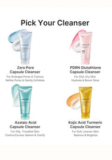 A product selection graphic titled 'Pick Your Cleanser' showing four Medik8 skincare cleansers arranged in a 2x2 grid on a white background: Zero Pore Capsule Cleanser, PDRN Glutathione Capsule Cleanser, Azelaic Acid Capsule Cleanser, and Kojic Acid Turmeric Capsule Cleanser, each with a tube illustration and brief text.