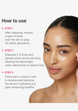 How-to-use guide showing a woman's face and text instructions for applying a skincare toner, with three steps on a light gray background.