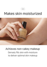 Hand holding a bottle of foundation with text about moisturizing skin and non-cakey makeup.