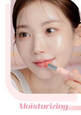 Woman applying lip balm with a pink background and 'Moisturizing' text.