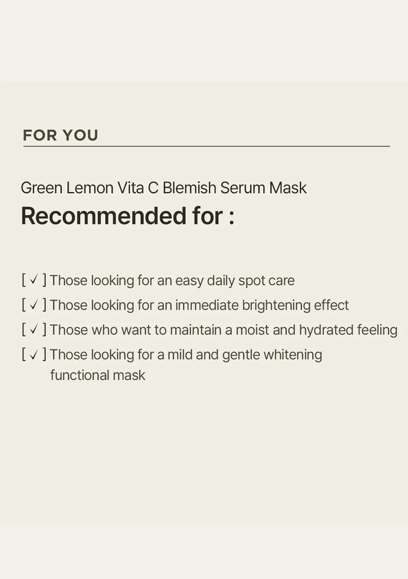 Text describing the Green Lemon Vita C Blemish Serum Mask and its recommended uses on a beige background.