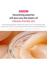 Glass jar with peaches and text about nourishing peaches for makeup-friendly skin.