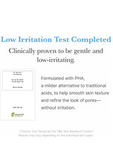 Product information card with text about low irritation test and clinical proven benefits on a white background.