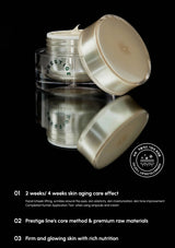 Two skincare jars with a black background and text about skin care effects and ingredients.