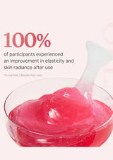 Pink gel product in a container with text about elasticity and skin radiance improvement.