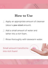 Instructional graphic for a facial cleanser showing the steps to use it: apply a pea-sized amount, add water and lather into rich foam, and rinse with lukewarm water. A hand is shown touching the foam at the bottom right.
