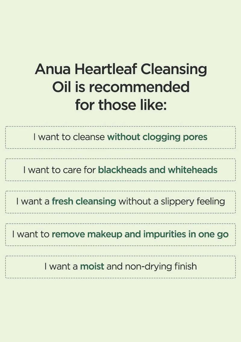 Text describing the benefits of Anua Heartleaf Cleansing Oil on a light green background