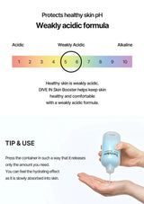 DIVE IN Skin Booster bottle with pH scale and usage instructions on a white background