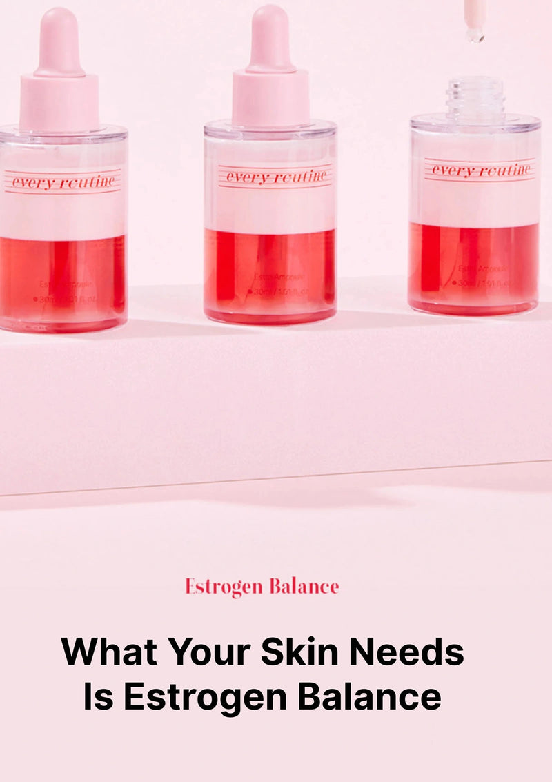 Three skincare bottles with red liquid and pink caps on a light pink background, featuring the brand 'every routine'.