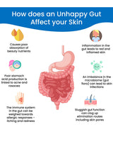 An educational infographic titled 'How does an Unhappy Gut Affect your Skin' with a central pink anatomical illustration of the digestive system and surrounding text explaining gut-skin connections.