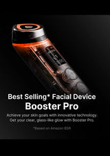 Facial device Booster Pro on a black background with promotional text.
