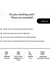 Leg care product advertisement with checklist and features on a white background