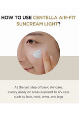 Instructional image on how to use Centella Air-Fit Suncream Light with a close-up of skin application.